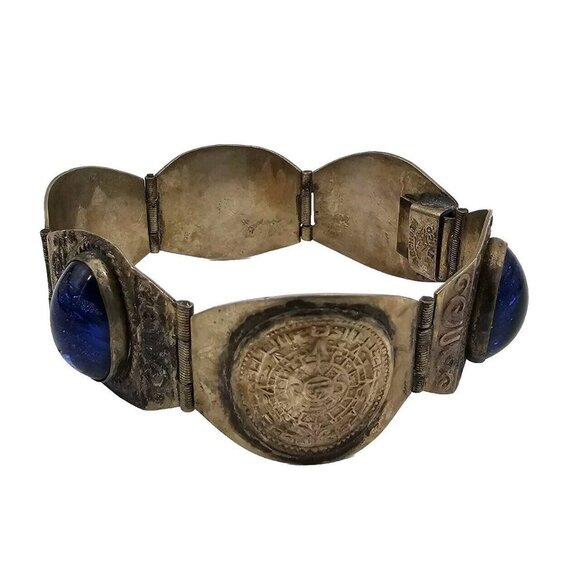 Vintage Made in Mexico 925 Sterling Lapis Stone Aztec Mayan Calendar Bracelet - Picture 1 of 12